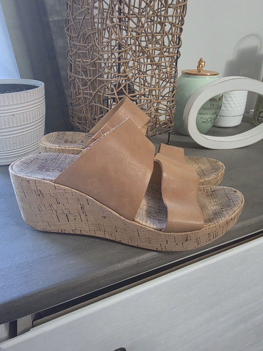 Kork-Ease Women's Cognac Leather Cork Wedge Slides